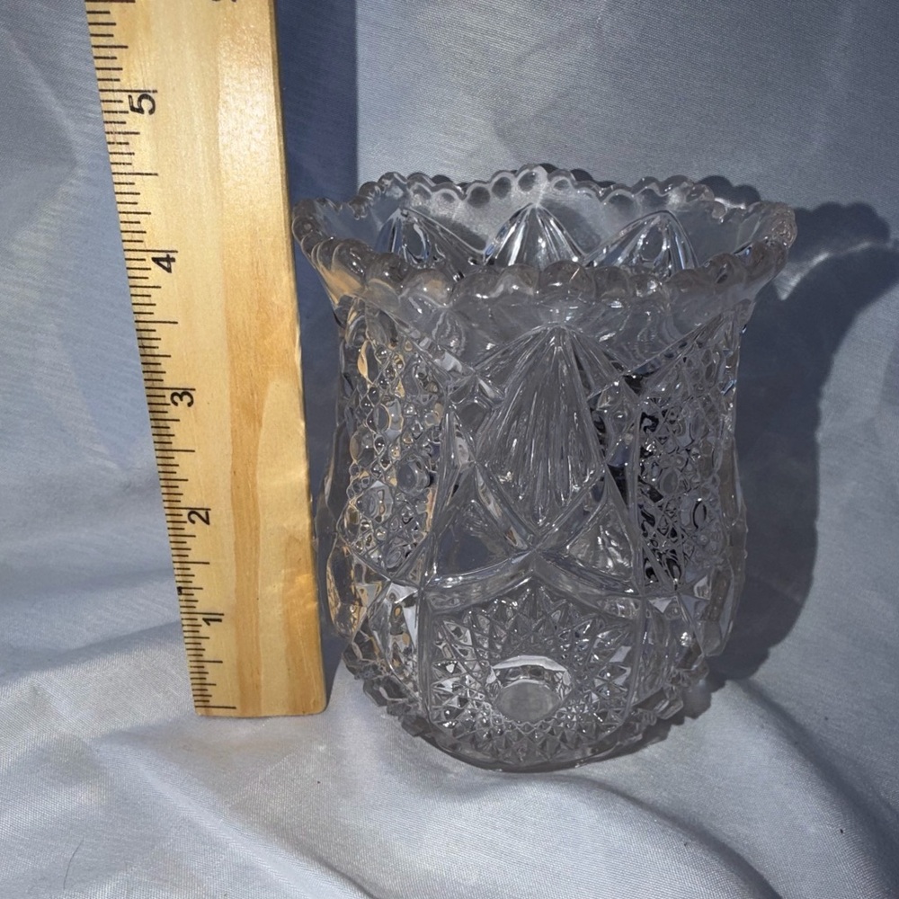 Vintage EAPG Cut Glass Small Vase Hobstar & Fan Pattern Scalloped Sawtooth Rim - Picture 8 of 8